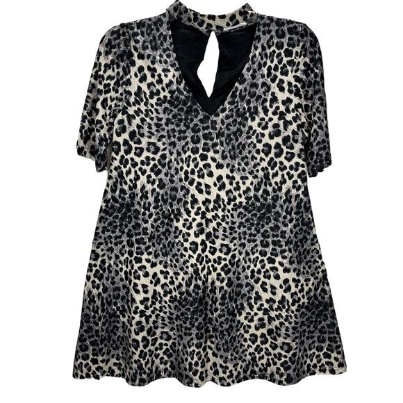LOVE RICHE Gray Cheetah Print Choker Oversized Flare Mini Dress Sz Medium - Picture 1 of 9